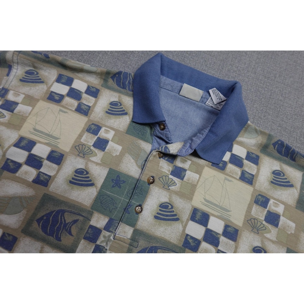 Vintage Golf Polo Mens XL Nautical Fish Print Casual Beach Shirt Soft Bugle Boys
